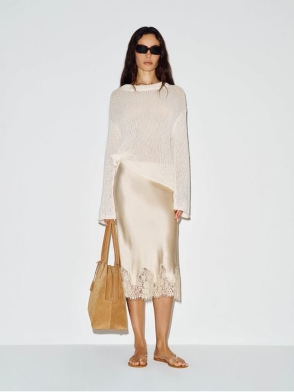 Reformation Cream Satin Midi Skirt with Lace Hem 100% Silk